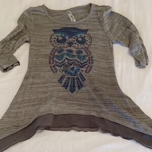 Knit Works Girls Size Small Gray Owl Graphic Tunic Top. Athleisure, Casual Fun,